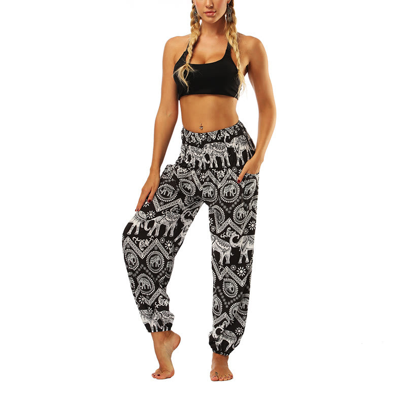 Mythstone Boho Loose Geometric Elephant Pattern Harem Trousers Women's Yoga Pants