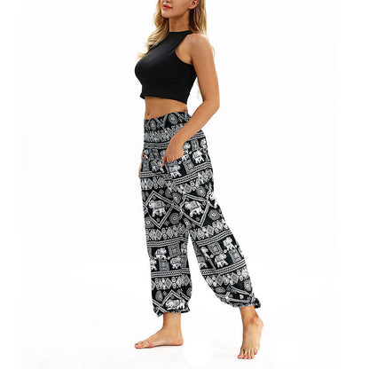 Mythstone Boho Loose Geometric Elephant Pattern Harem Trousers Women's Yoga Pants