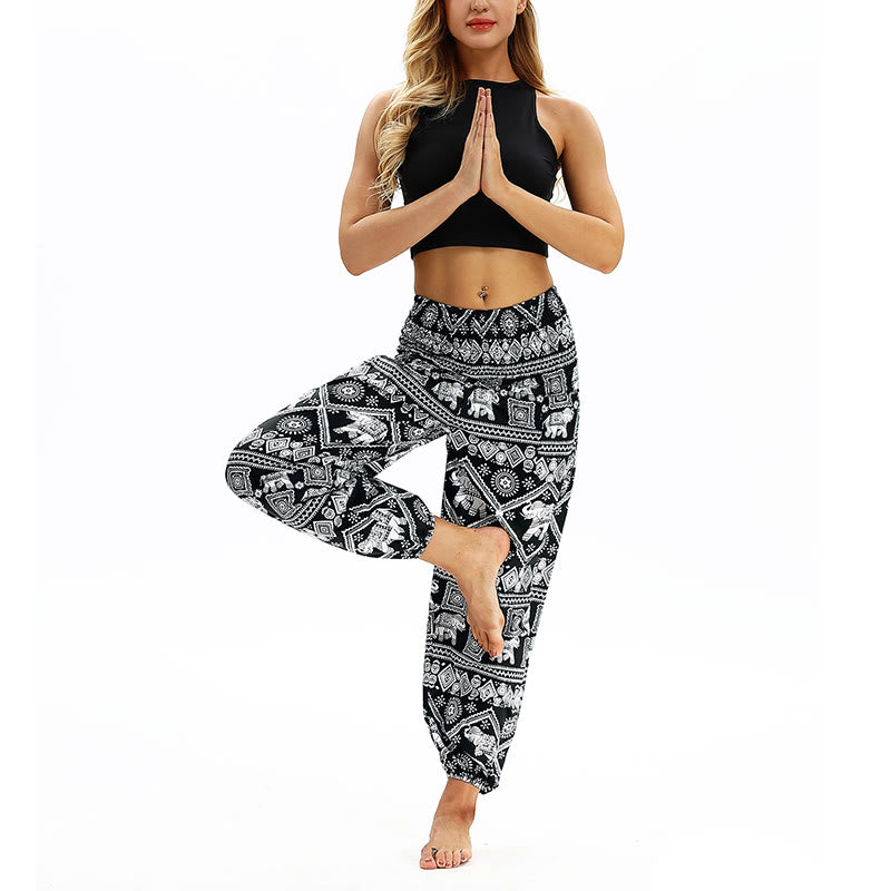 Mythstone Boho Loose Geometric Elephant Pattern Harem Trousers Women's Yoga Pants