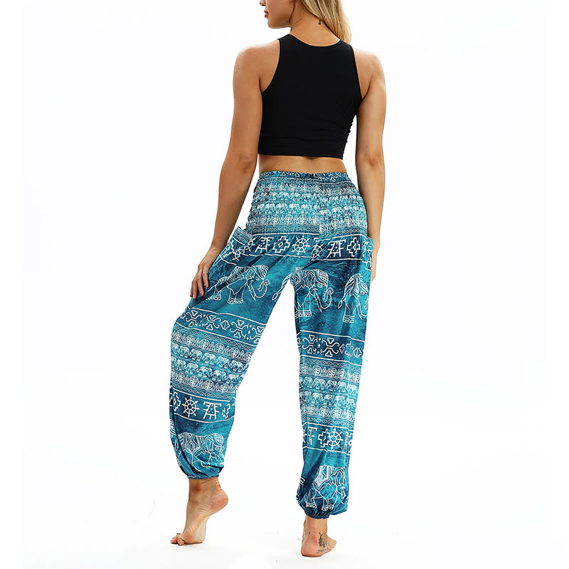 Mythstone Boho Loose Geometric Elephant Pattern Harem Trousers Women's Yoga Pants