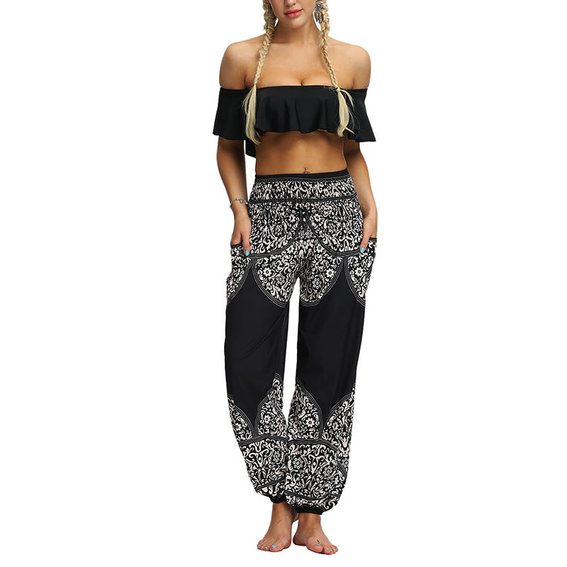 Mythstone Boho Loose Geometric Elephant Pattern Harem Trousers Women's Yoga Pants