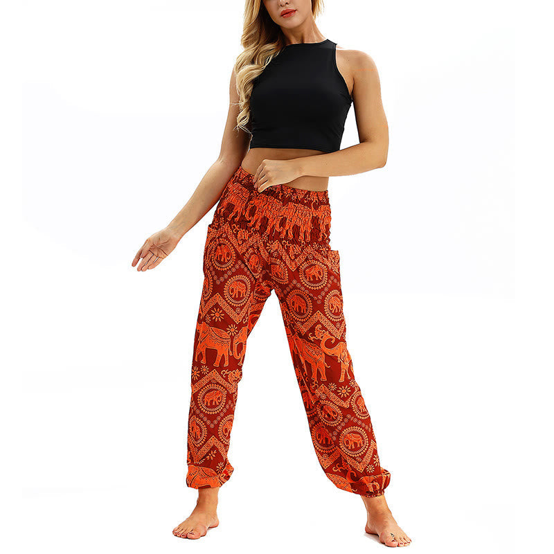 Mythstone Boho Loose Geometric Elephant Pattern Harem Trousers Women's Yoga Pants