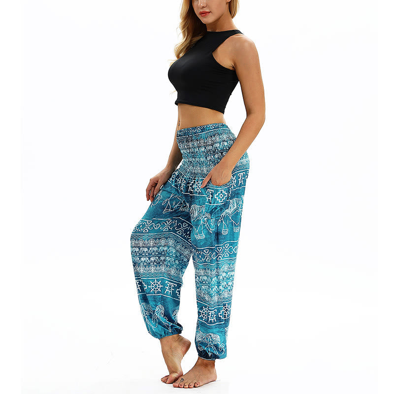 Mythstone Boho Loose Geometric Elephant Pattern Harem Trousers Women's Yoga Pants