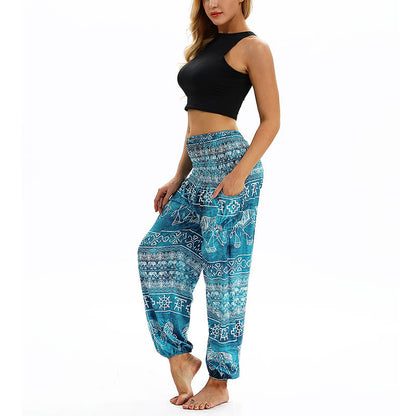 Mythstone Boho Loose Geometric Elephant Pattern Harem Trousers Women's Yoga Pants