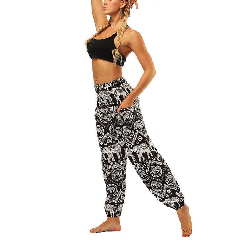 Mythstone Boho Loose Geometric Elephant Pattern Harem Trousers Women's Yoga Pants