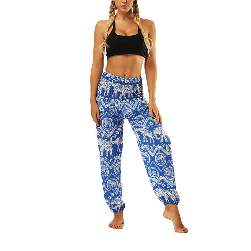 Mythstone Boho Loose Geometric Elephant Pattern Harem Trousers Women's Yoga Pants