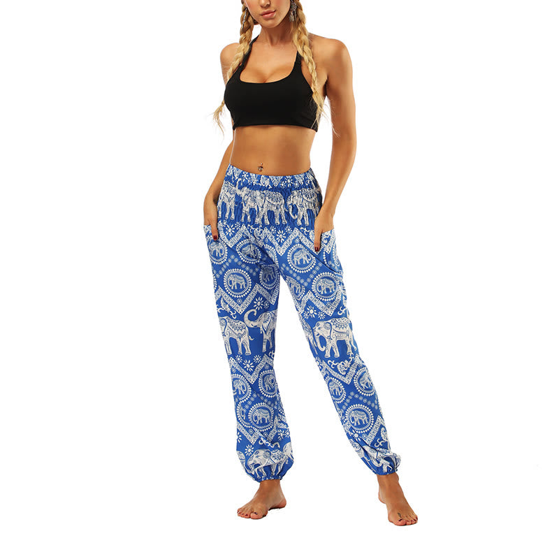 Mythstone Boho Loose Geometric Elephant Pattern Harem Trousers Women's Yoga Pants