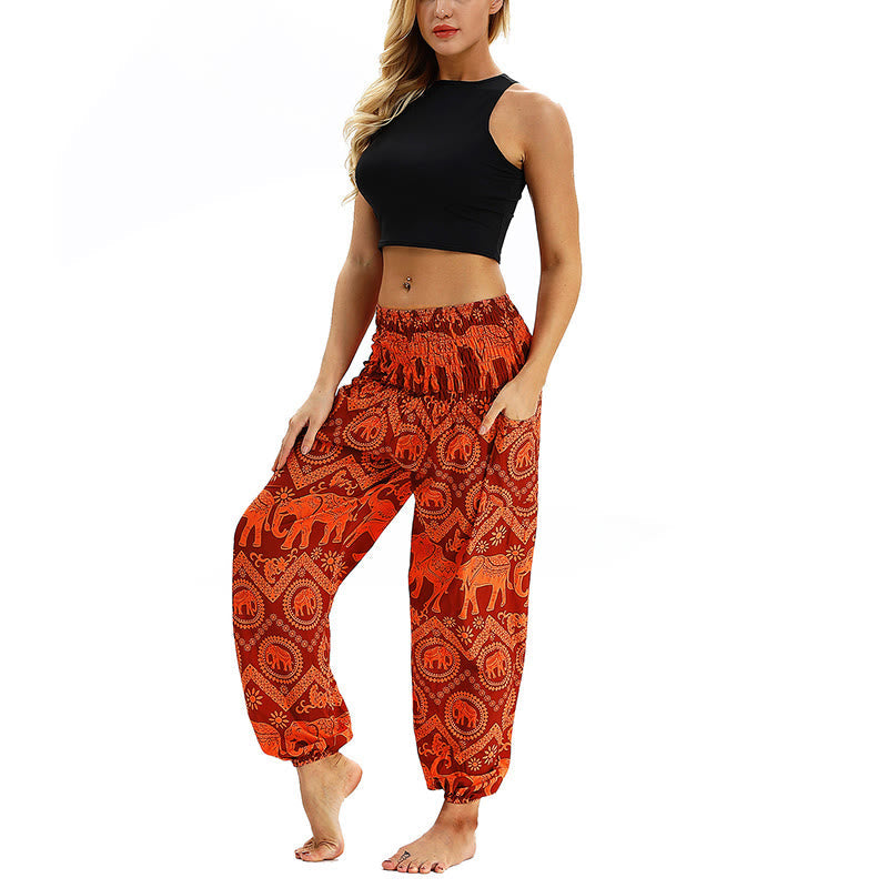 Mythstone Boho Loose Geometric Elephant Pattern Harem Trousers Women's Yoga Pants