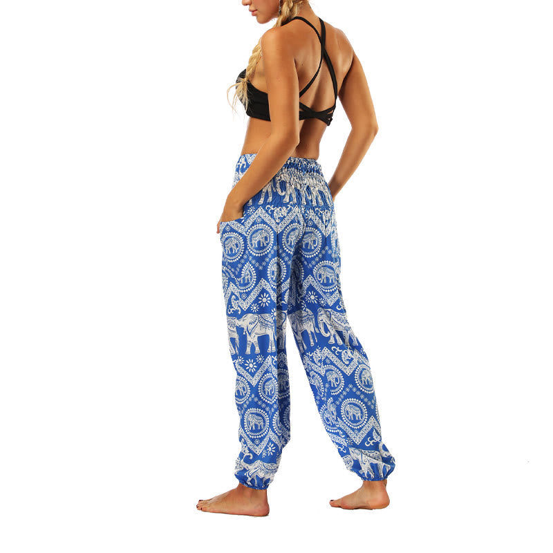 Mythstone Boho Loose Geometric Elephant Pattern Harem Trousers Women's Yoga Pants