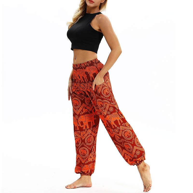 Mythstone Boho Loose Geometric Elephant Pattern Harem Trousers Women's Yoga Pants