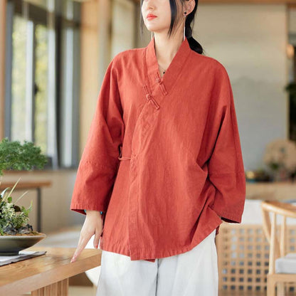 Mythstone Frog-Button Hanfu Design Long Sleeve Coat Zen Meditation Open Front Top Jacket