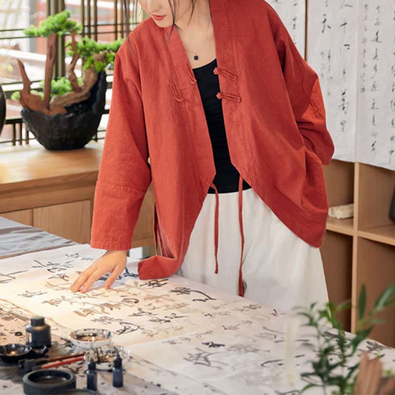 Mythstone Frog-Button Hanfu Design Long Sleeve Coat Zen Meditation Open Front Top Jacket