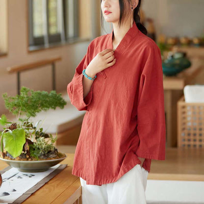 Mythstone Frog-Button Hanfu Design Long Sleeve Coat Zen Meditation Open Front Top Jacket