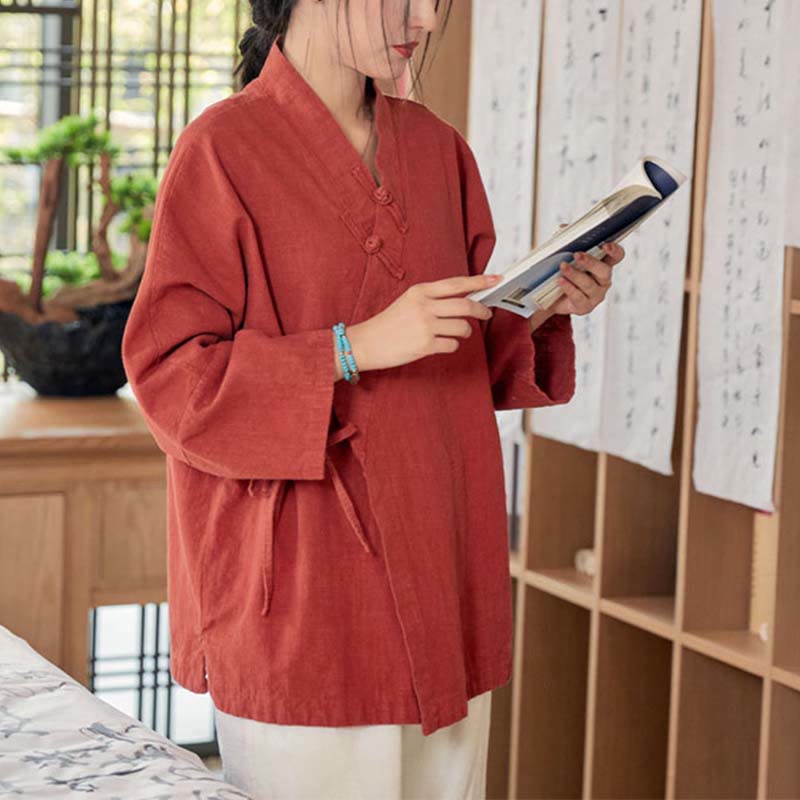 Mythstone Frog-Button Hanfu Design Long Sleeve Coat Zen Meditation Open Front Top Jacket