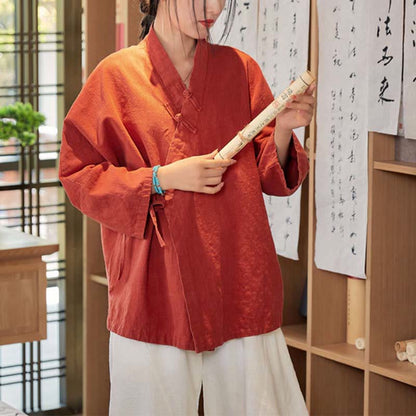 Mythstone Frog-Button Hanfu Design Long Sleeve Coat Zen Meditation Open Front Top Jacket