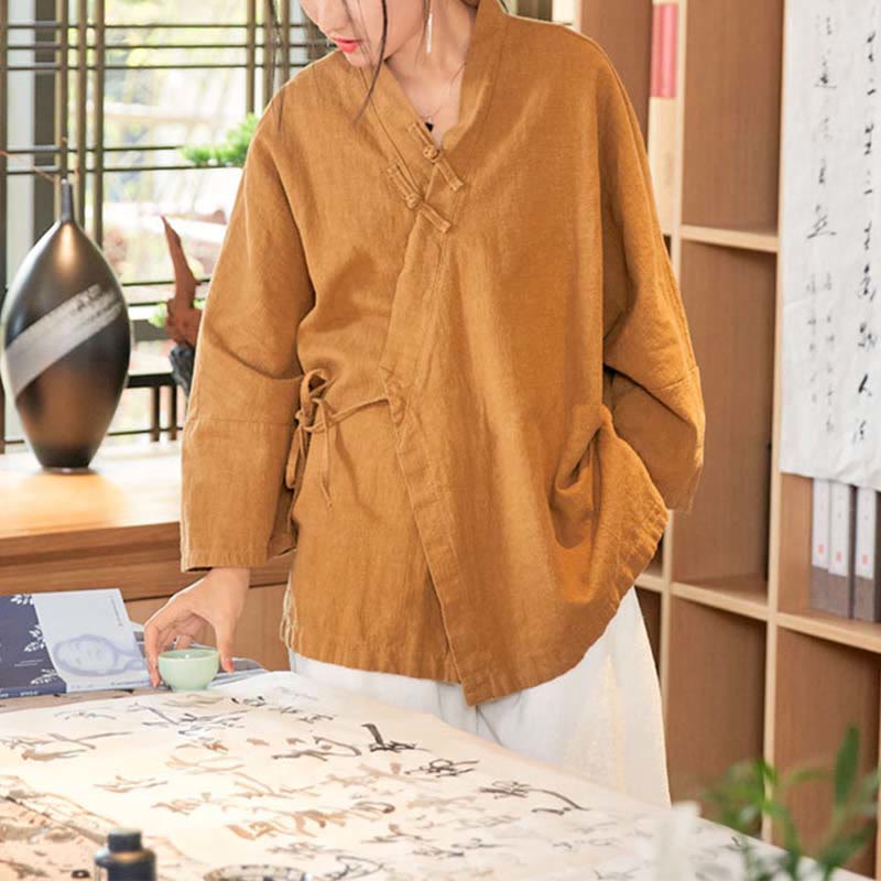 Mythstone Frog-Button Hanfu Design Long Sleeve Coat Zen Meditation Open Front Top Jacket