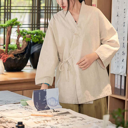 Mythstone Frog-Button Hanfu Design Long Sleeve Coat Zen Meditation Open Front Top Jacket