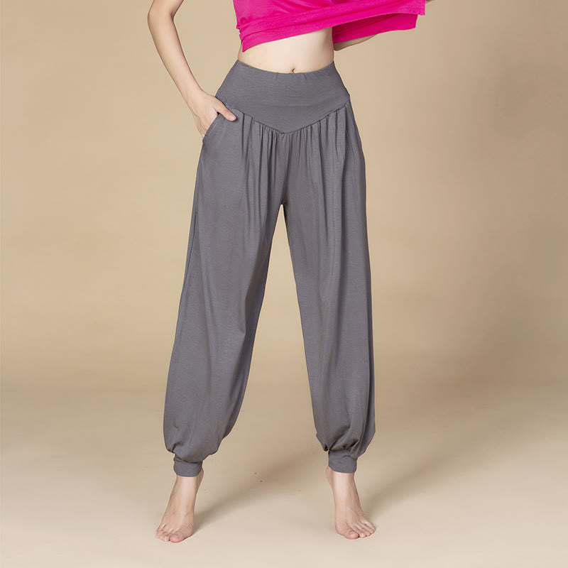 Pantalones harén de cintura alta para yoga, danza y baile de color sólido de Mythstone con bolsillos 