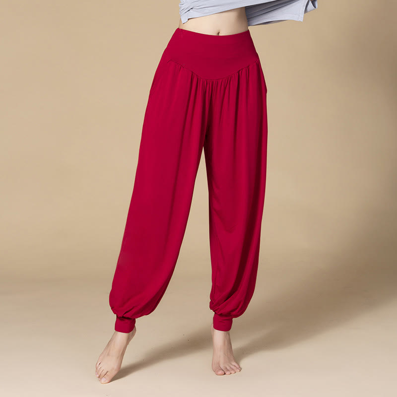 Pantalones harén de cintura alta para yoga, danza y baile de color sólido de Mythstone con bolsillos 