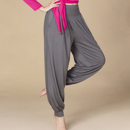 Pantalones harén de cintura alta para yoga, danza y baile de color sólido de Mythstone con bolsillos 