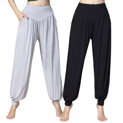 Pantalones harén de cintura alta para yoga, danza y baile de color sólido de Mythstone con bolsillos 