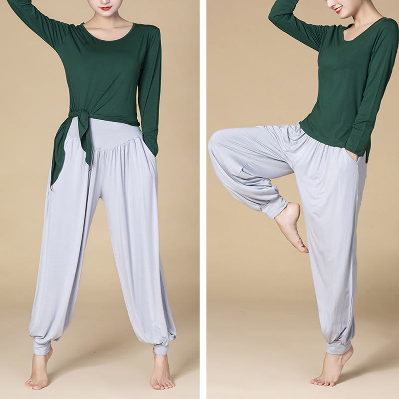 Pantalones harén de cintura alta para yoga, danza y baile de color sólido de Mythstone con bolsillos 