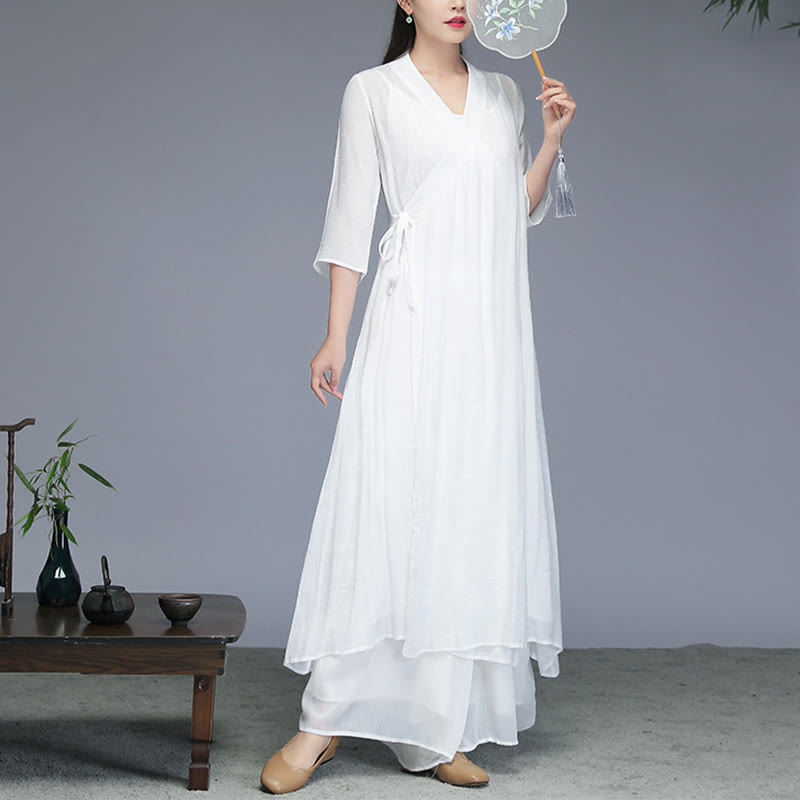 Mythstone Hanfu Style Midi Dress Wide Leg Pants Meditation Zen Practice Yoga Dance Clothing