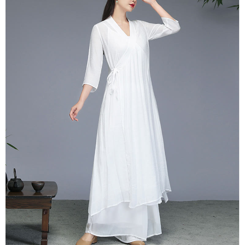 Mythstone Hanfu Style Midi Dress Wide Leg Pants Meditation Zen Practice Yoga Dance Clothing