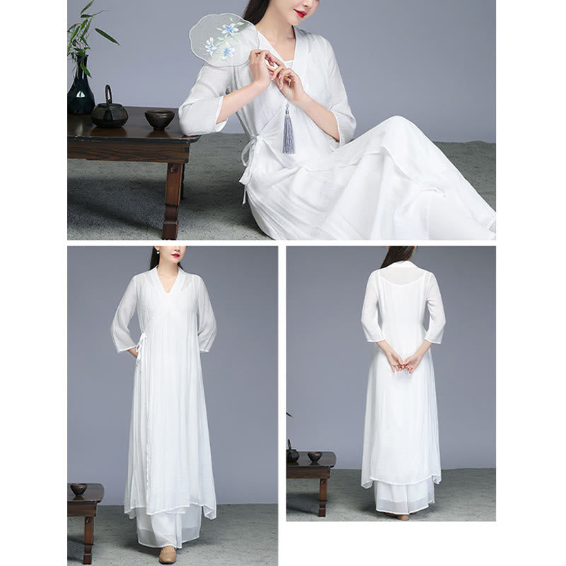 Mythstone Hanfu Style Midi Dress Wide Leg Pants Meditation Zen Practice Yoga Dance Clothing