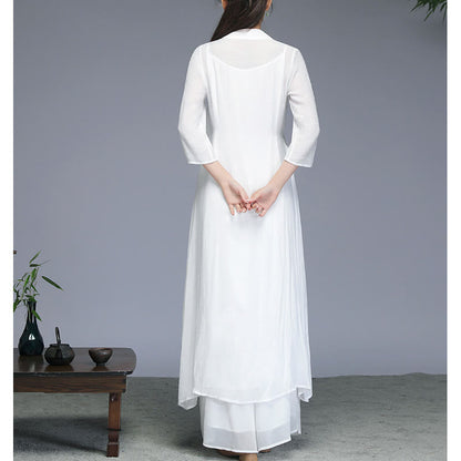 Mythstone Hanfu Style Midi Dress Wide Leg Pants Meditation Zen Practice Yoga Dance Clothing