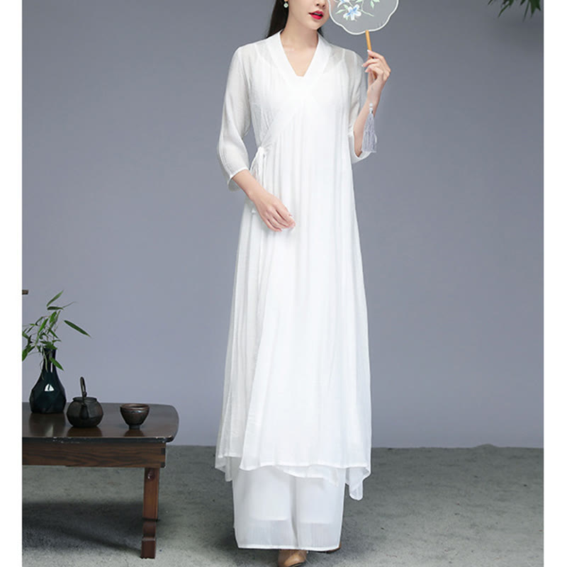 Mythstone Hanfu Style Midi Dress Wide Leg Pants Meditation Zen Practice Yoga Dance Clothing