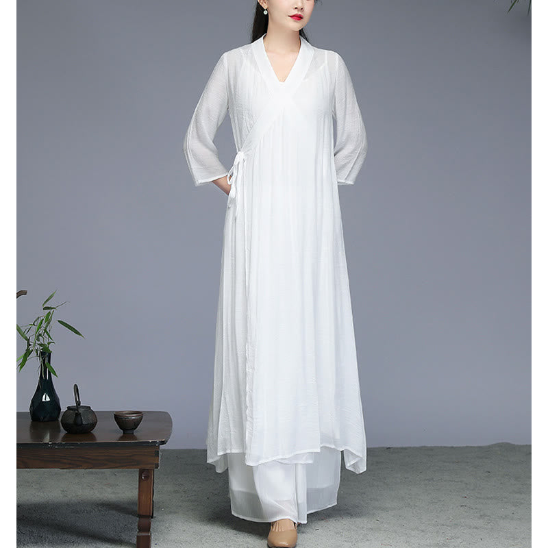 Mythstone Hanfu Style Midi Dress Wide Leg Pants Meditation Zen Practice Yoga Dance Clothing