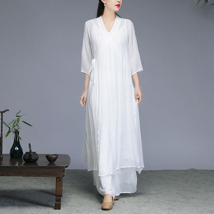 Mythstone Hanfu Style Midi Dress Wide Leg Pants Meditation Zen Practice Yoga Dance Clothing