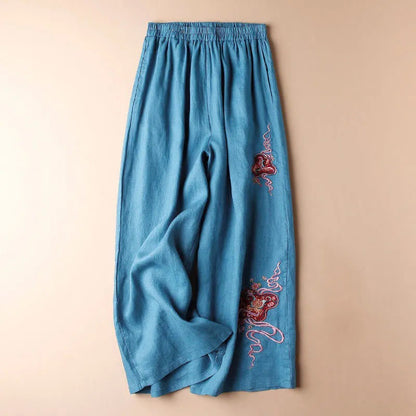 Mythstone Women Casual Loose Cotton Linen Embroidery Wide Leg Pants With Pockets