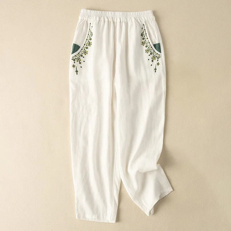 Mythstone Vintage Embroidery Elastic Waist Harem Pants With Pockets