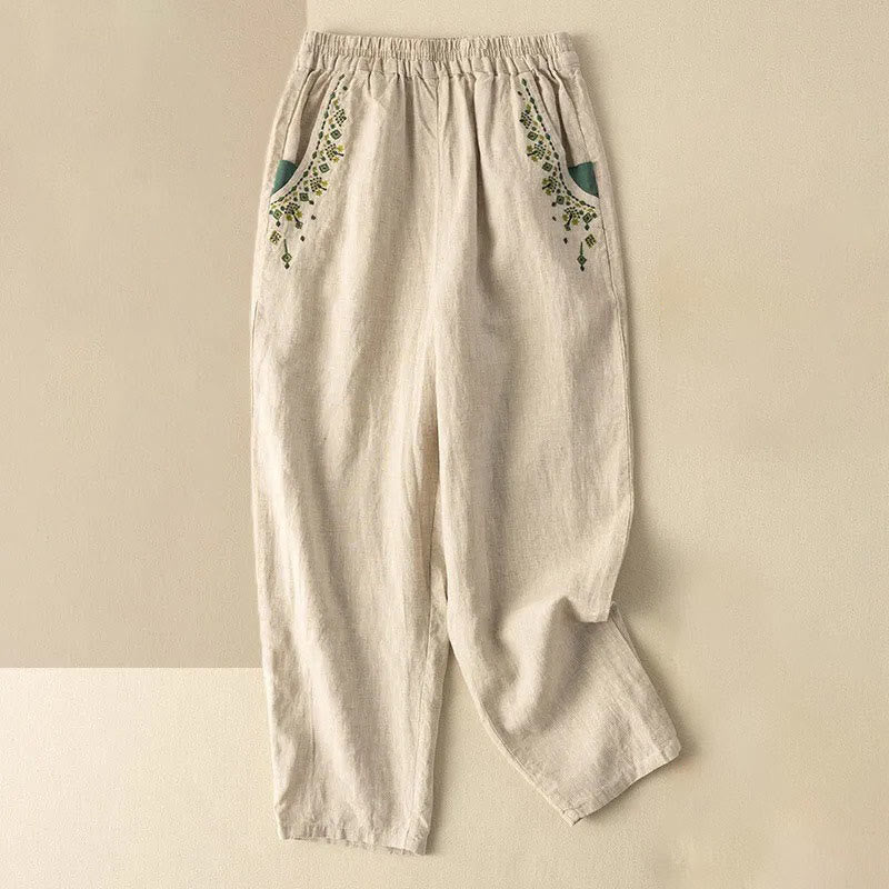 Mythstone Vintage Embroidery Elastic Waist Harem Pants With Pockets