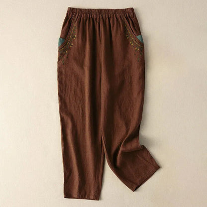 Mythstone Vintage Embroidery Elastic Waist Harem Pants With Pockets