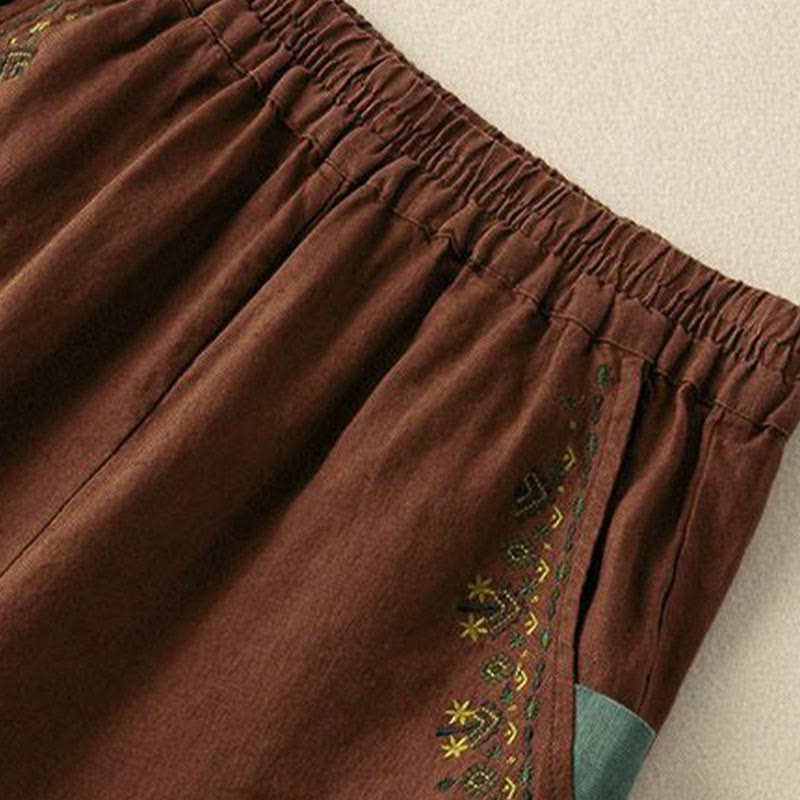 Mythstone Vintage Embroidery Elastic Waist Harem Pants With Pockets