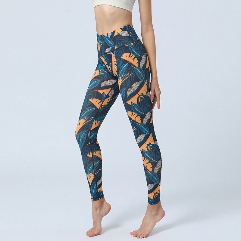 Leggings deportivos de cintura alta con estampado de hojas de Mythstone para mujer 