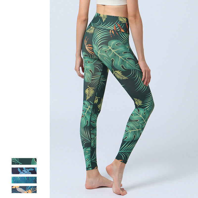 Leggings deportivos de cintura alta con estampado de hojas de Mythstone para mujer 