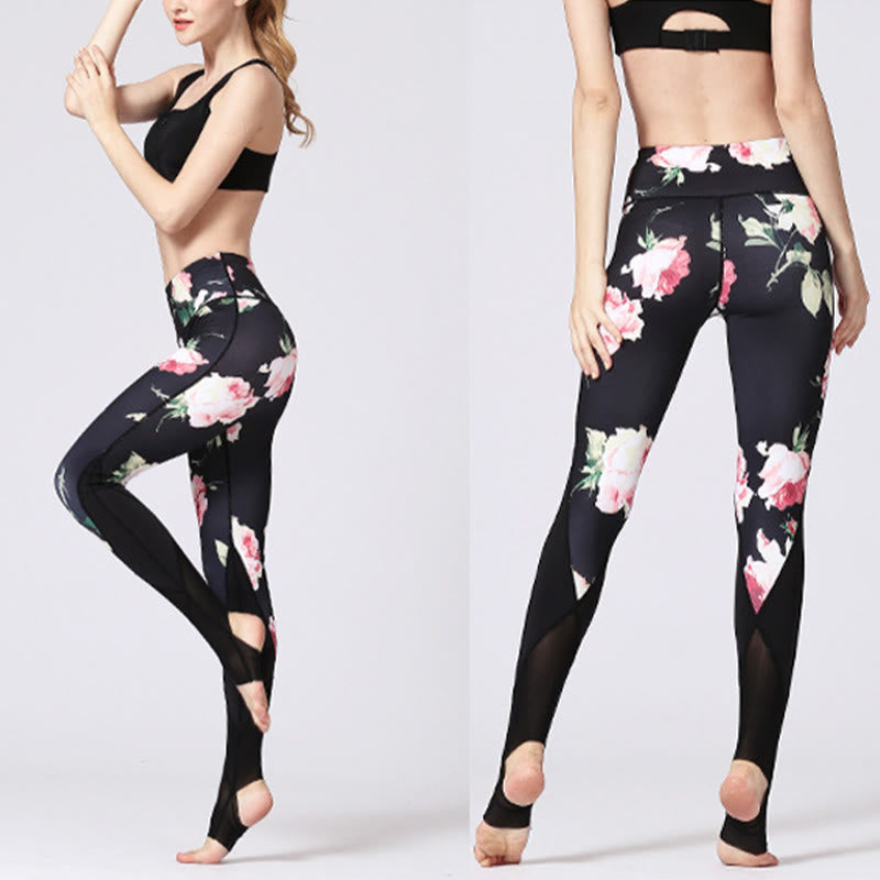 Mythstone Rose Peony Flower Print Design Sports Fitness Yoga Leggings Women's Yoga Pants