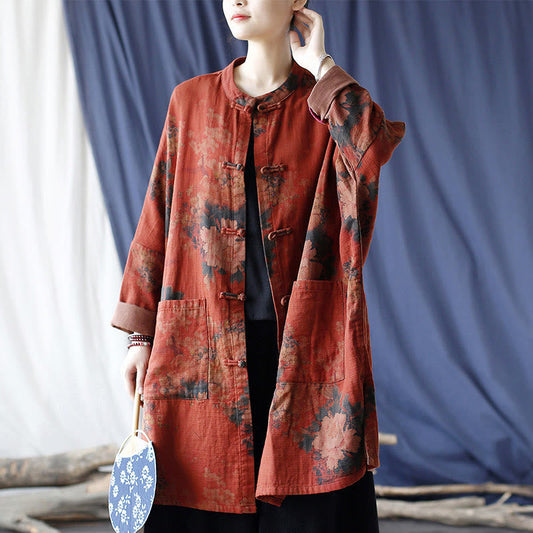 Mythstone Orange Peony Flower Cotton Linen Frog-Button Open Front Jacket With Pockets