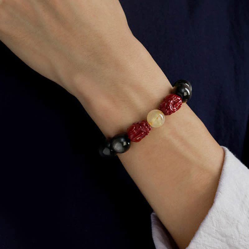 Mythstone Gold Sheen Obsidian PiXiu Cinnabar Om Mani Padme Hum Protection Bracelet