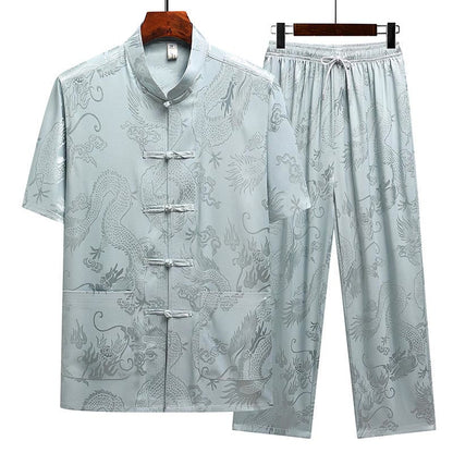 Mythstone Dragon Pattern Tang Suit Hanfu Traditional Uniform Short Sleeve Top Pants Clothing Men's Set