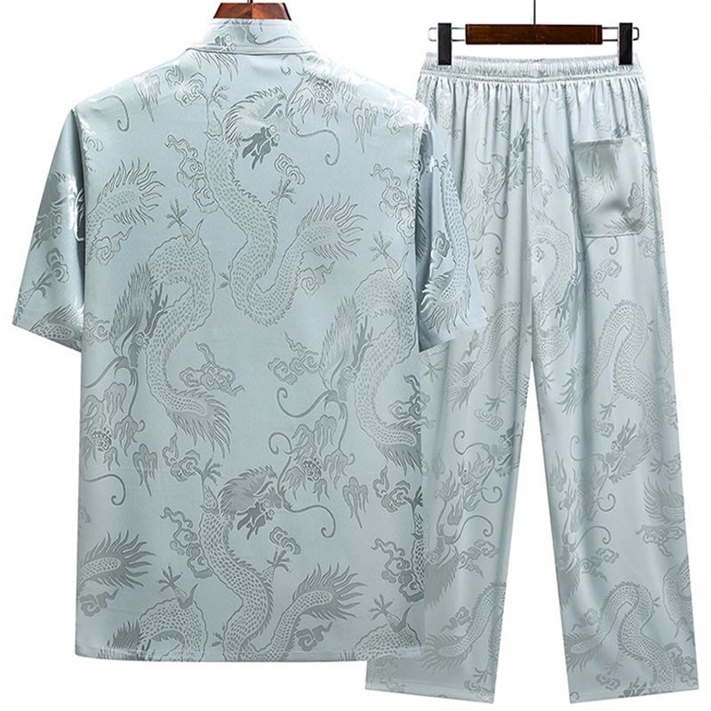 Mythstone Dragon Pattern Tang Suit Hanfu Traditional Uniform Short Sleeve Top Pants Clothing Men's Set