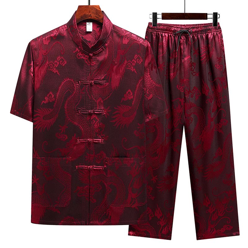 Mythstone Dragon Pattern Tang Suit Hanfu Traditional Uniform Short Sleeve Top Pants Clothing Men's Set