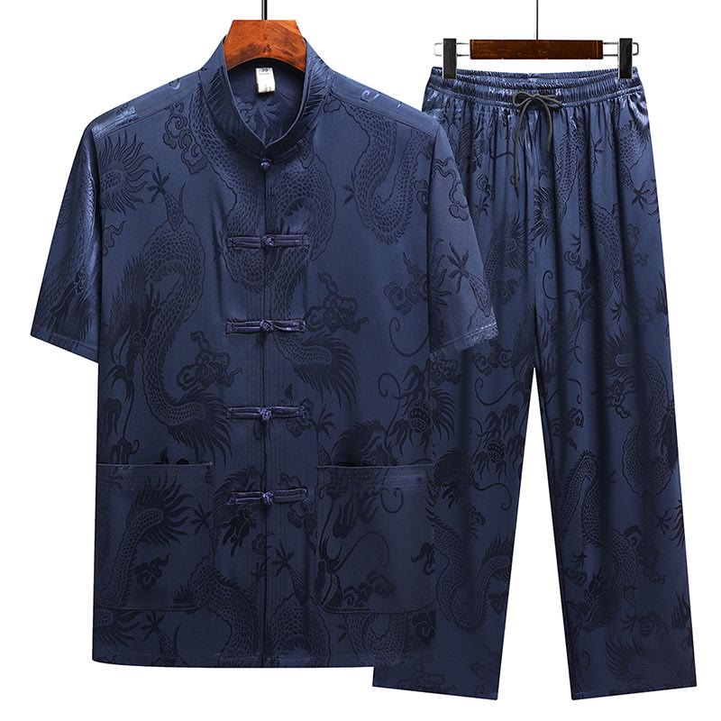 Mythstone Dragon Pattern Tang Suit Hanfu Traditional Uniform Short Sleeve Top Pants Clothing Men's Set