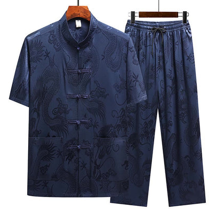 Mythstone Dragon Pattern Tang Suit Hanfu Traditional Uniform Short Sleeve Top Pants Clothing Men's Set