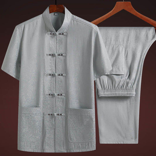 Mythstone Along the River During the Qingming Festival Pattern Traditional Tang Suit Short Sleeve Shirt Pants Clothing Men's Set