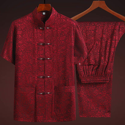 Mythstone Along the River During the Qingming Festival Pattern Traditional Tang Suit Short Sleeve Shirt Pants Clothing Men's Set